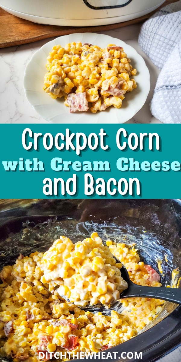 A white plate with a serving of cream cheese corn and a Crockpot with corn with cream cheese.