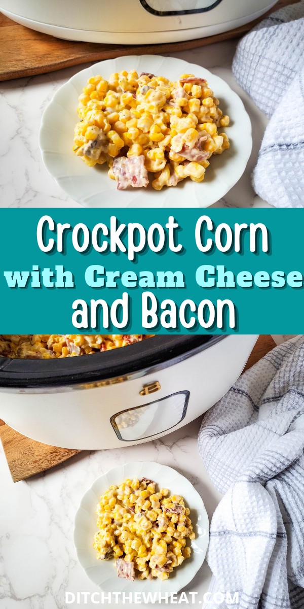 A white plate with a serving of cream cheese corn and a Crockpot with corn with cream cheese.