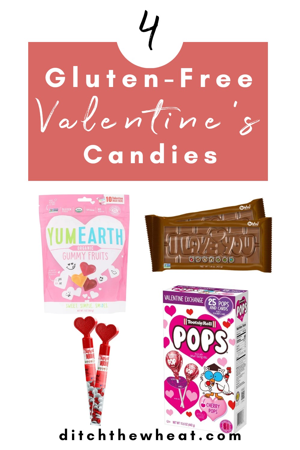 A selection of four gluten free Valentine's Day candies.