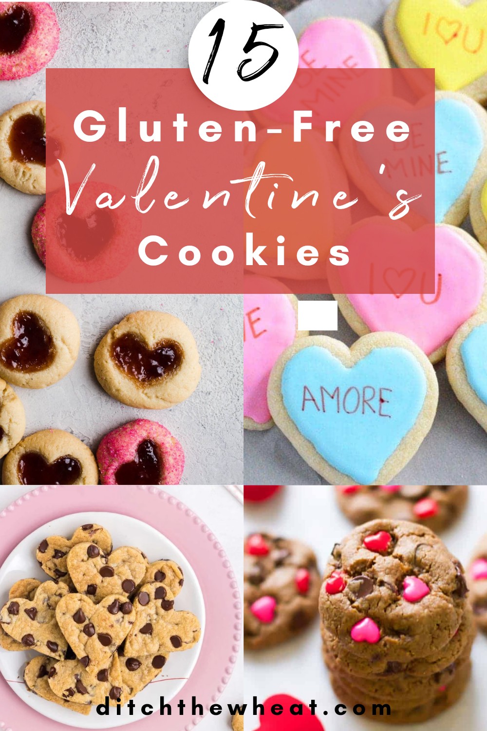 A collage of 4 different gluten free Valentine's cookies.
