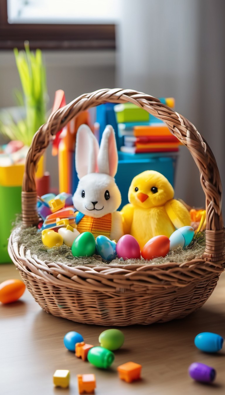 An Easter basket filled with a stuffed bunny and chicken with various toys around it.