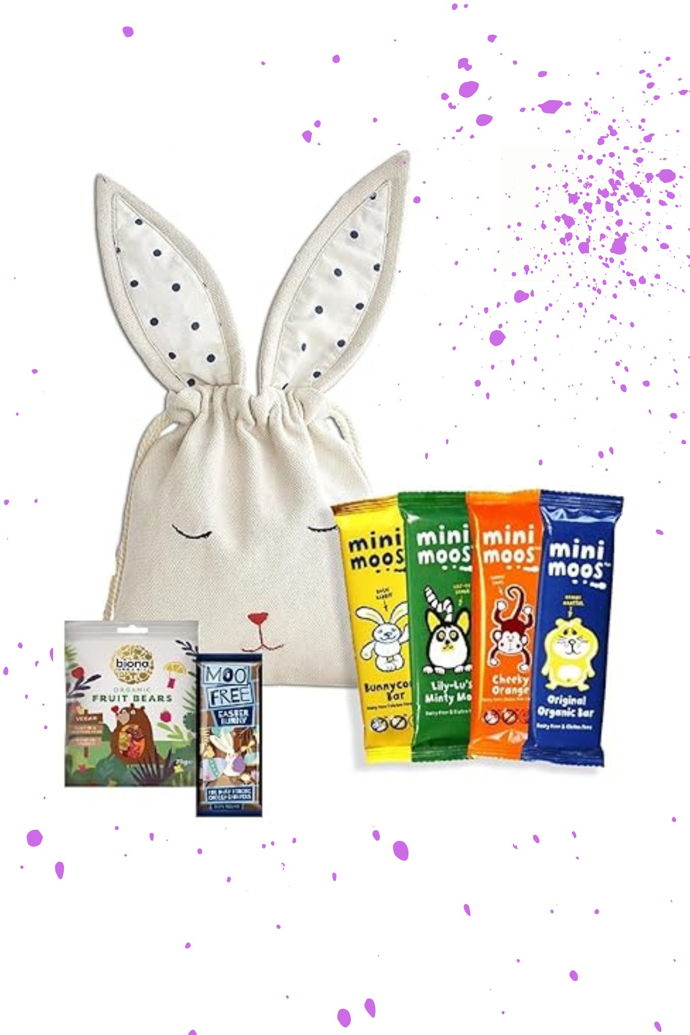 An Easter bunny bag with various gluten free candy inside.