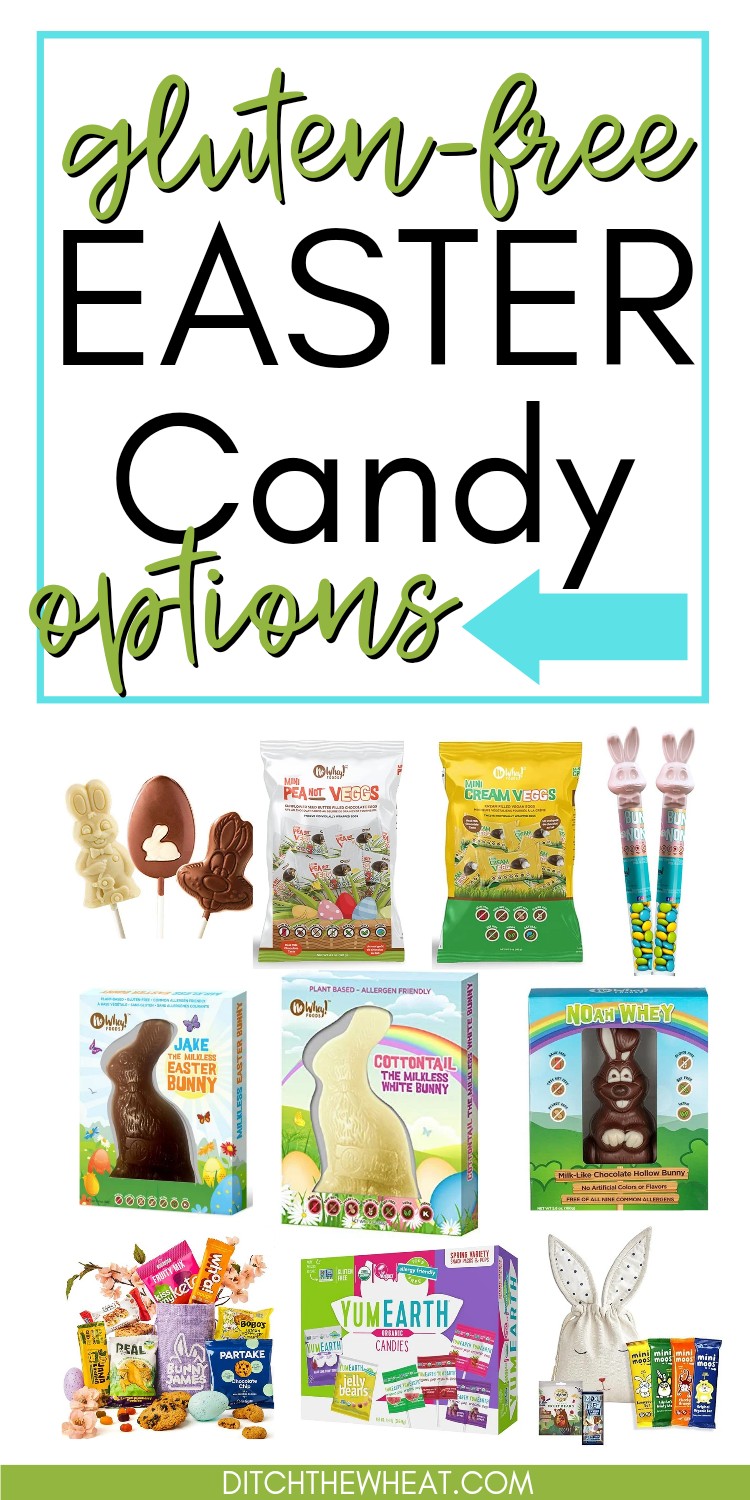 A collage of gluten free Easter candy options.