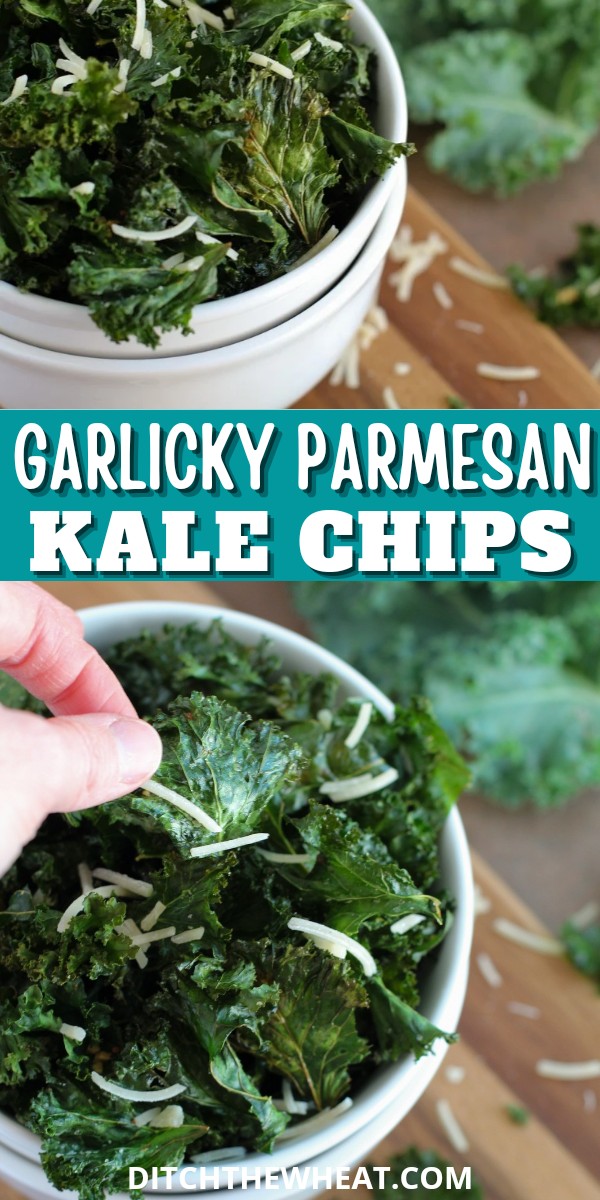 Two white bowls with crispy garlicky kale chips covered in Parmesan cheese.