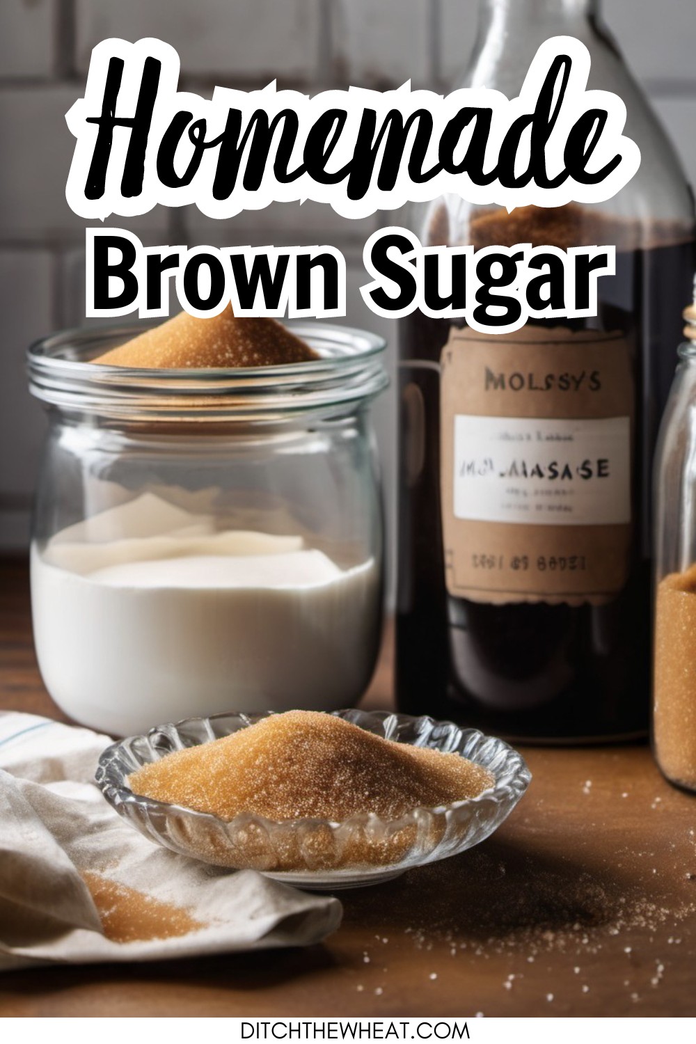 A glass dish with brown sugar and white sugar and molasses in the background.