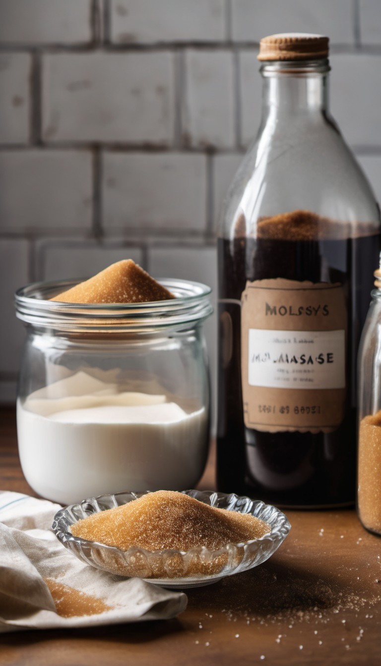 A glass dish with brown sugar, a storage container with white sugar, and a bottle of molasses.