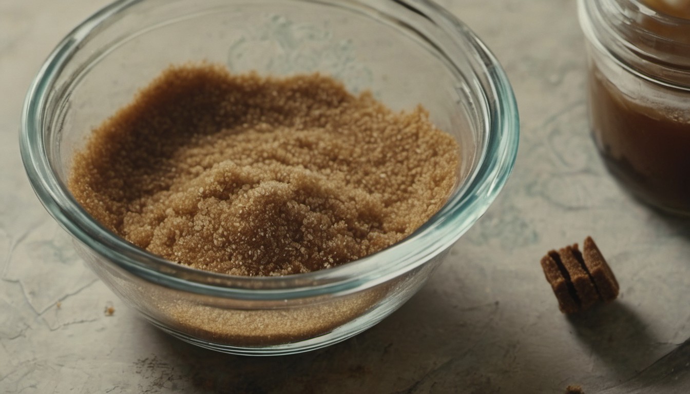 A glass bowl filled with brown sugar. 
