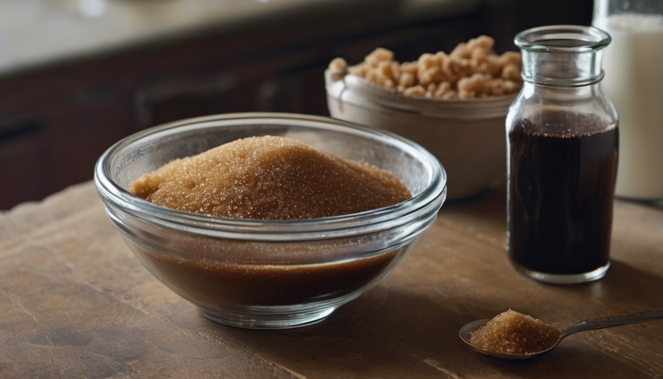 A glass bowl filled with brown sugar and a bottle of molasses in the background.