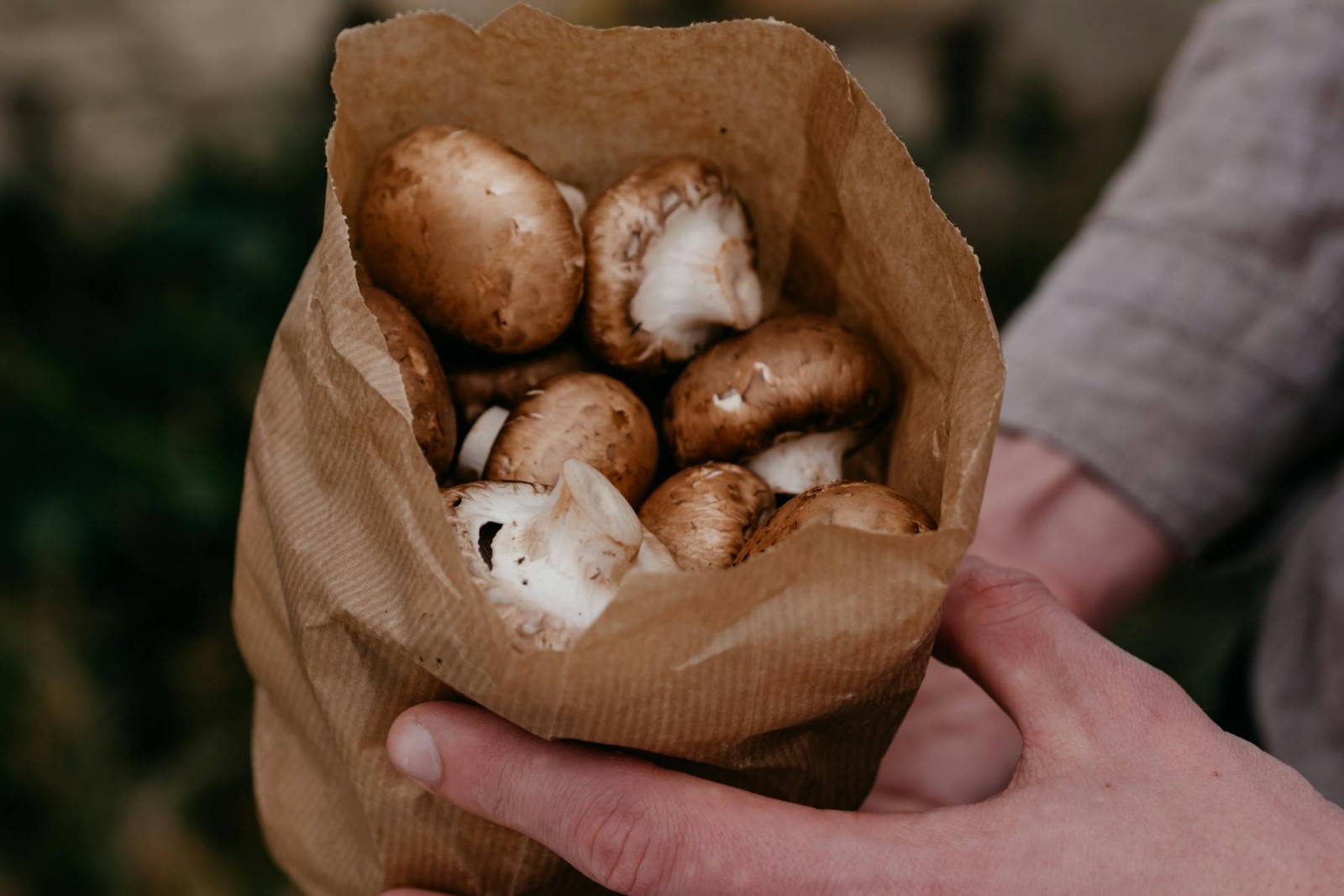 A man holding a paper bag of mushrooms.