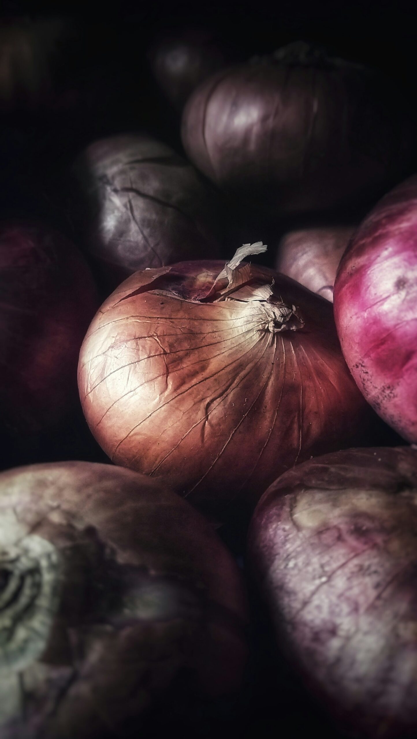 A variety of purple onions in a dark setting.