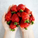 A woman's hands holding a pile of strawberries.