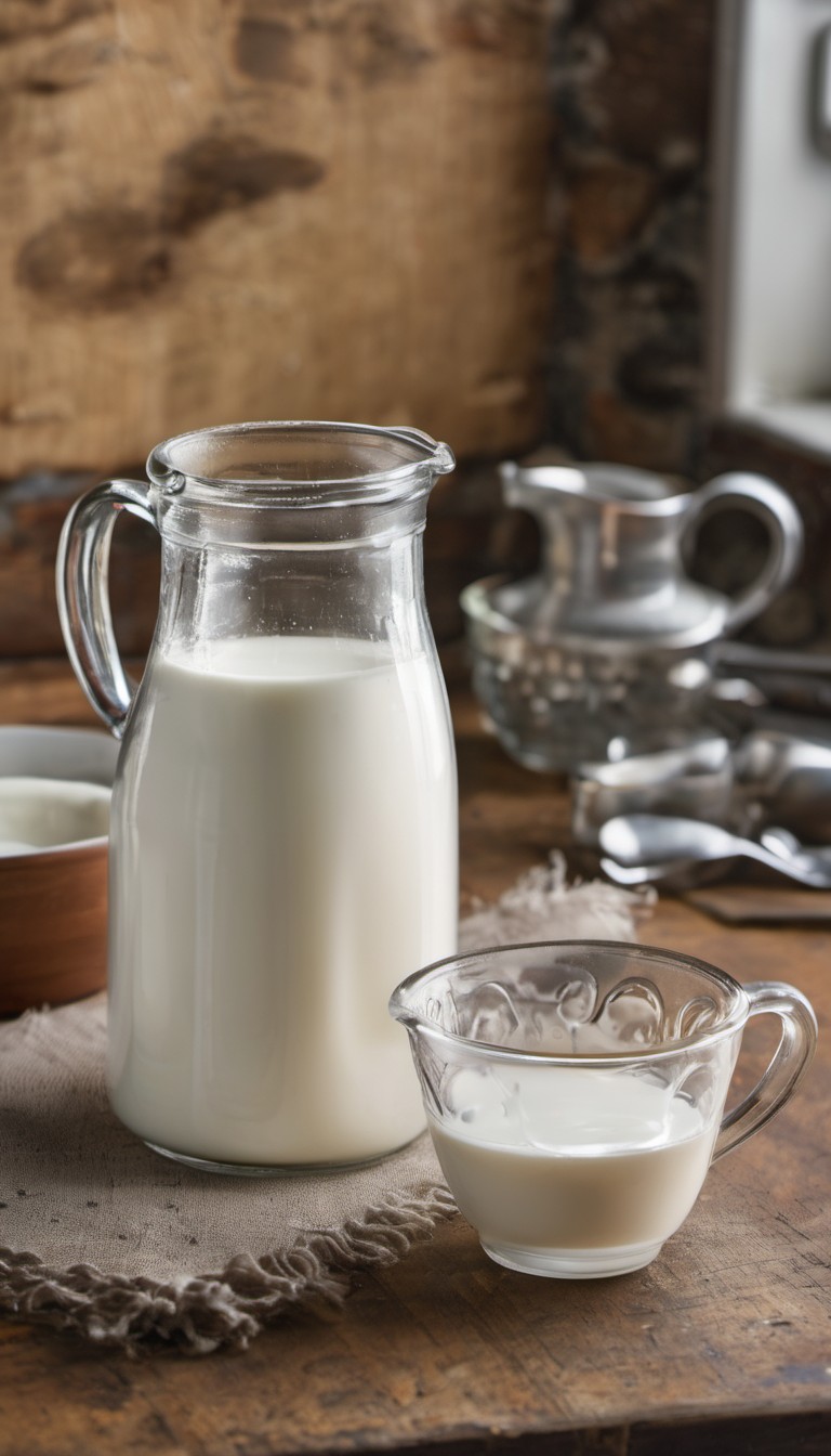A glass pitcher filled with milk and a glass tea cup filled with heavy cream.