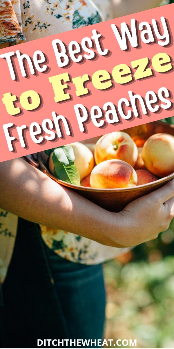 A woman holding a bowl of peaches outside in the sun.
