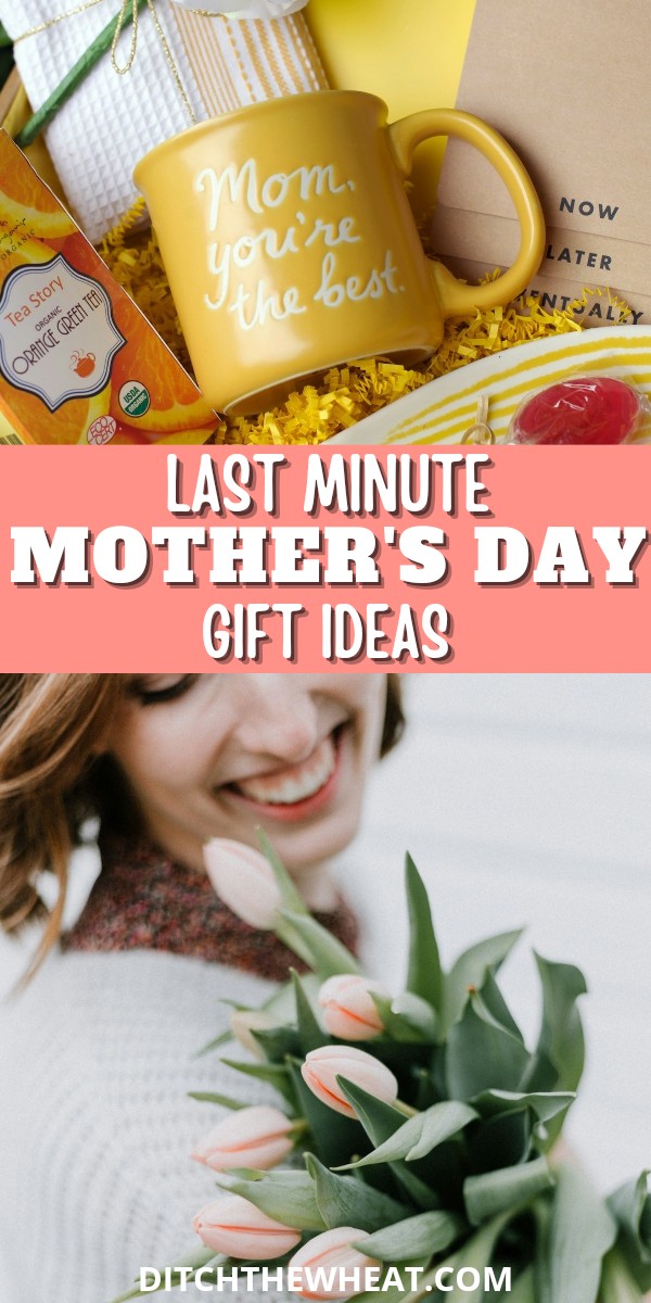 A basket filled with a yellow mug, chocolate, a white rose, and other little gifts and a woman holding tulips.