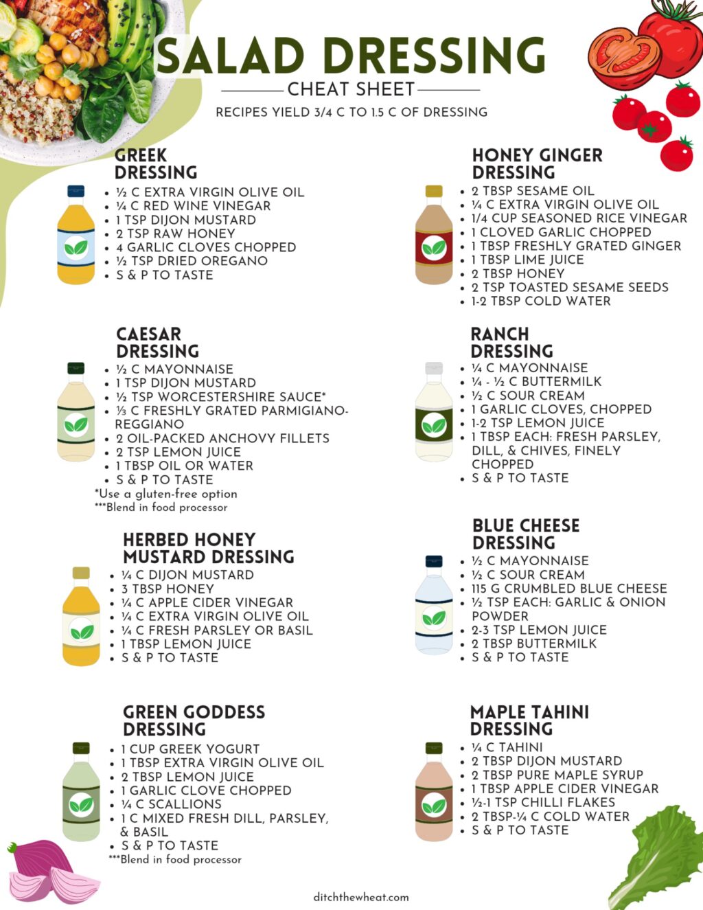 Free Salad Dressing Cheat Sheet with 8 Must-Have Recipes - Ditch the Wheat