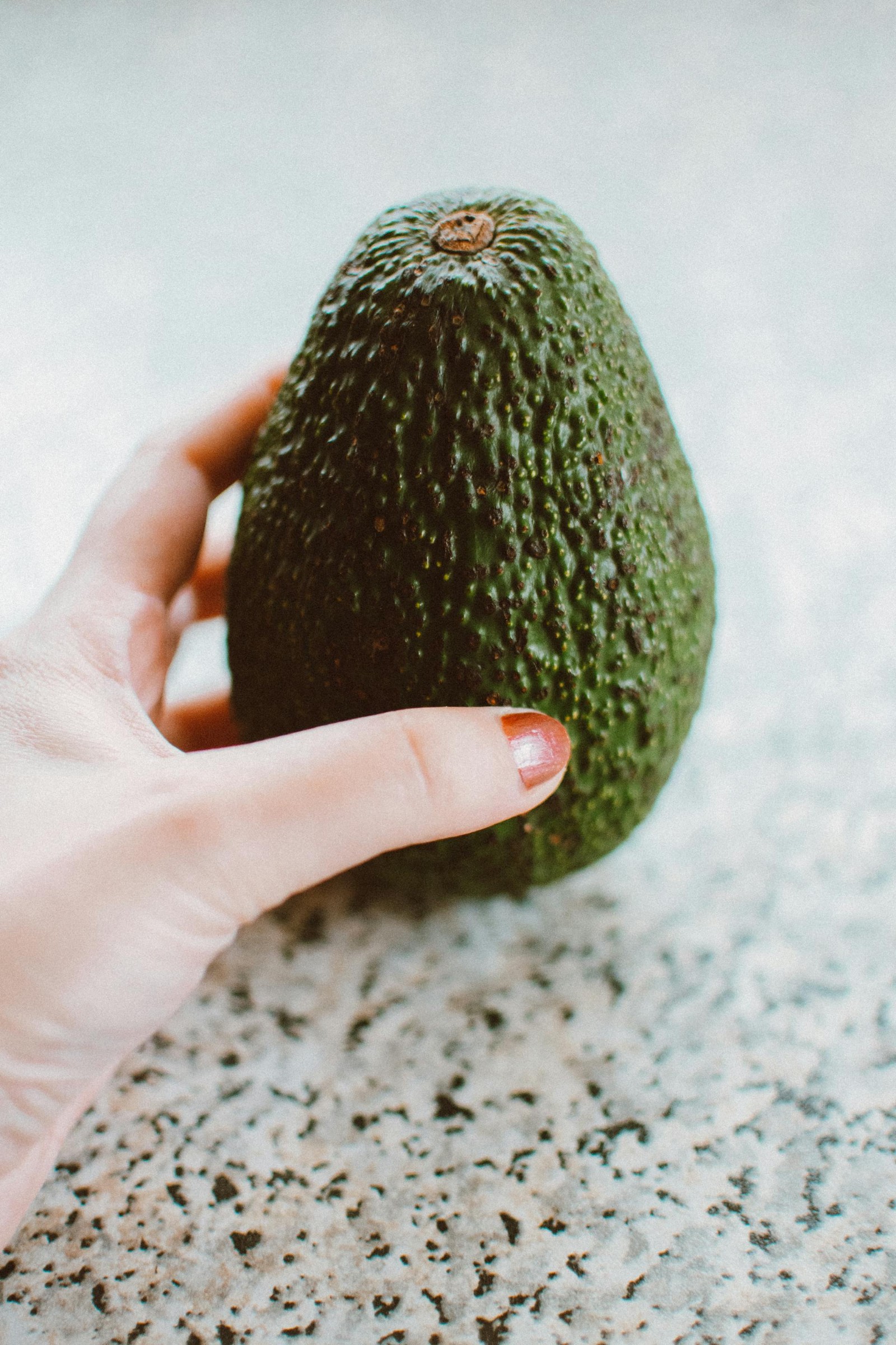 A hand holding an avocado.