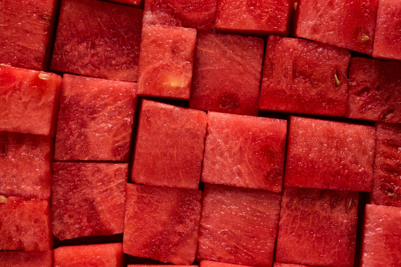 A close up of cubed watermelon.