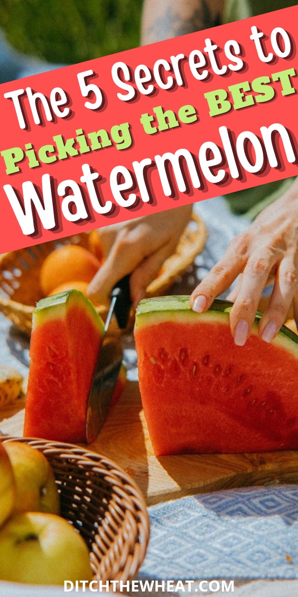 A woman's hand are shown slicing a watermelon outside.