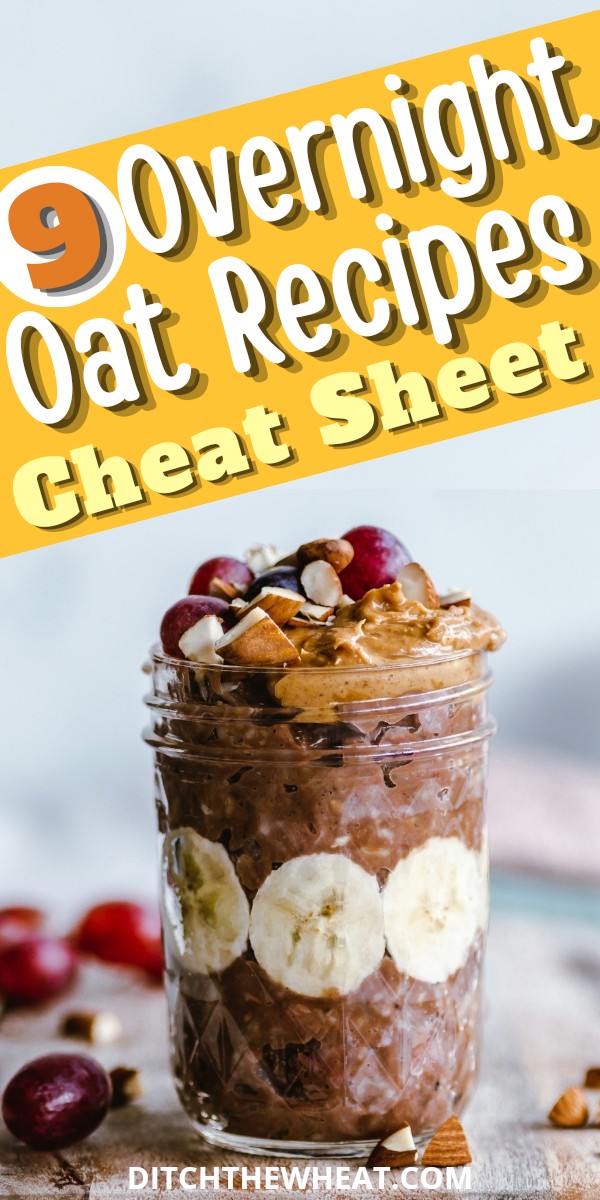 A glass jar with chocolate overnight oats on a wooden cutting board.