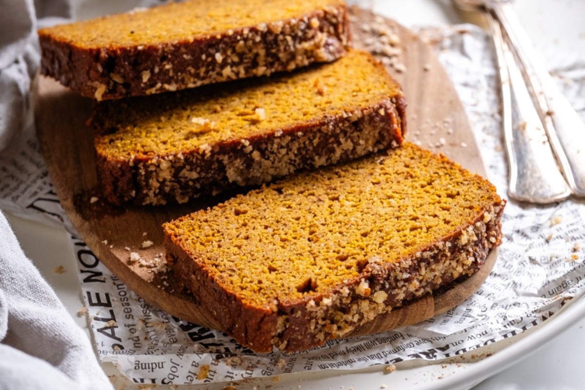 Slices of gluten free pumpkin bread on a plate.