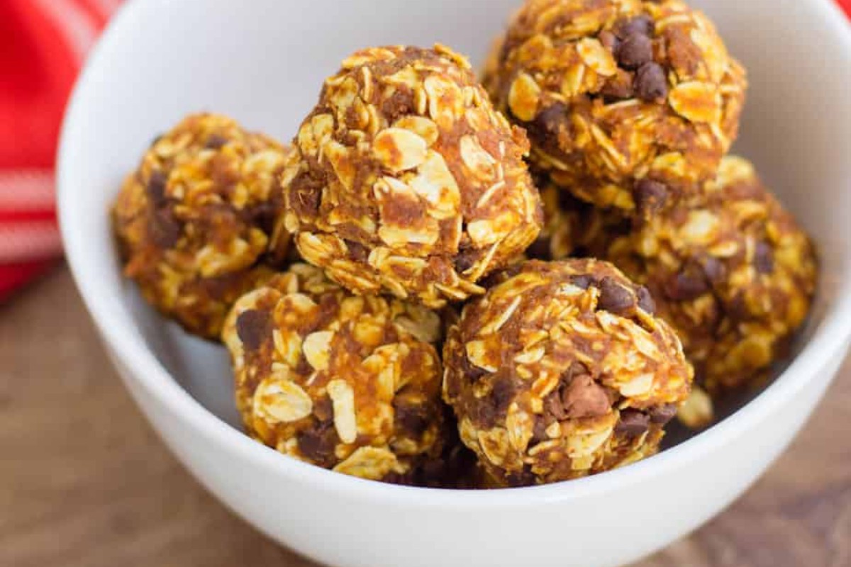 A while bowl with pumpkin protein balls.
