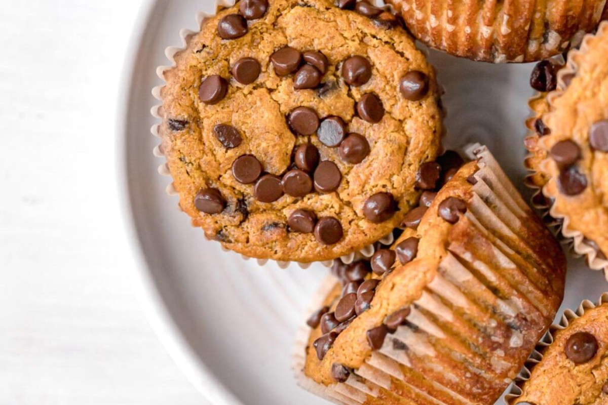 A white plate with pumpkin protein muffins.
