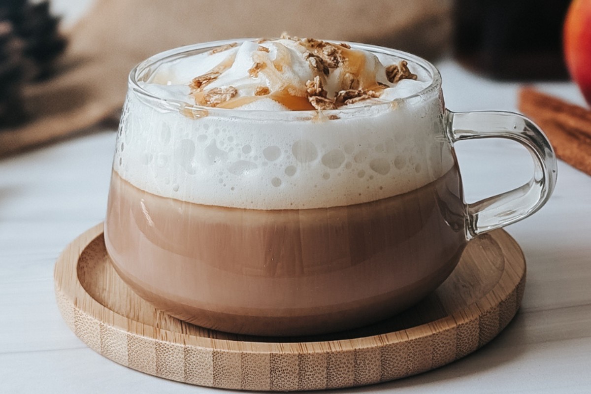 A glass mug filled with an apple crisp inspired tea latte.