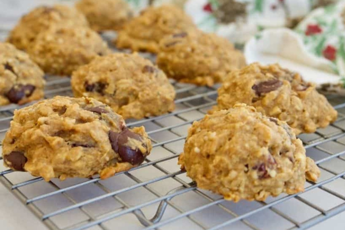 A cooling rack with healthy  pumpkin breakfast cookies.